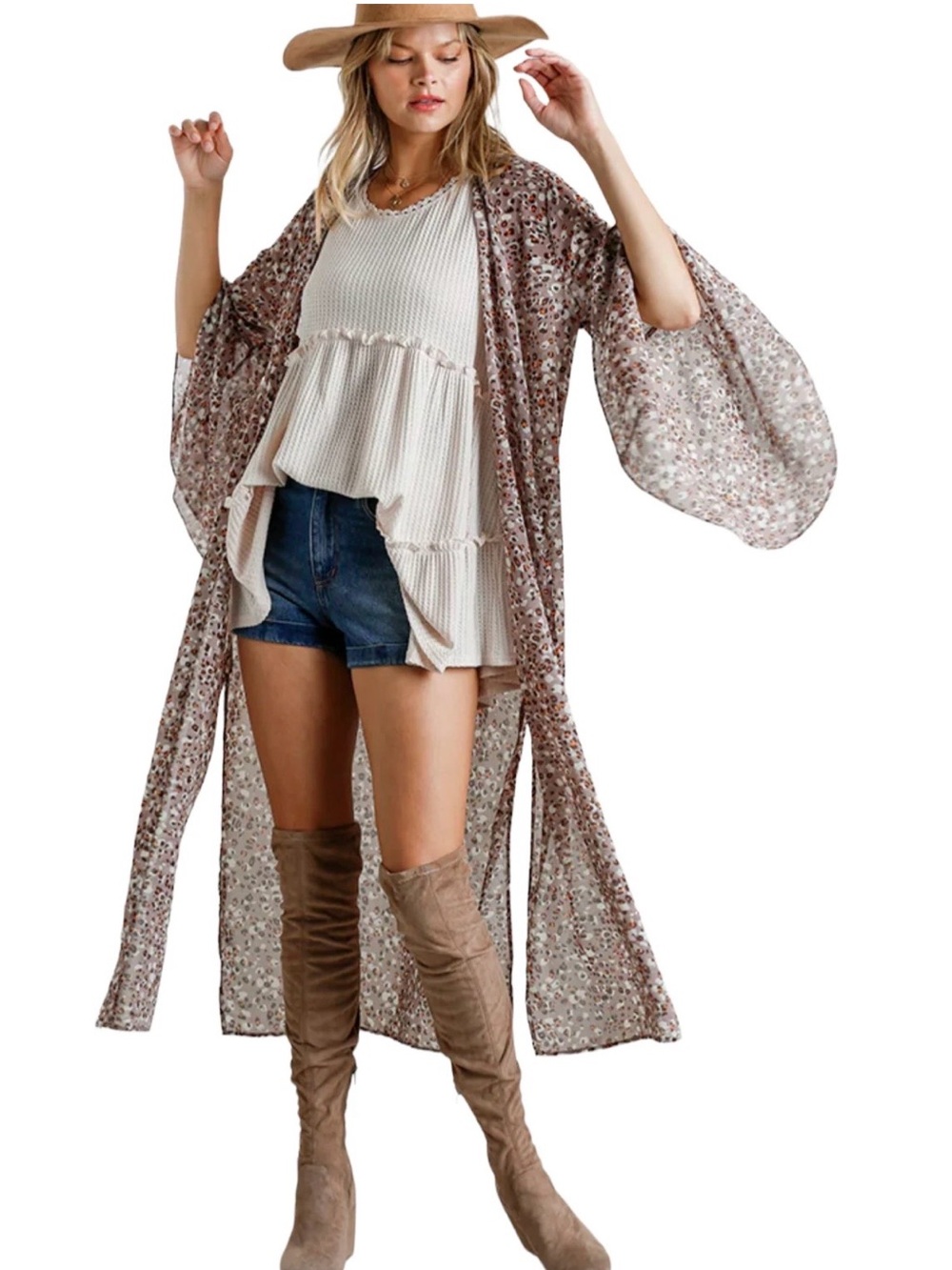 Umgee Animal Bell Sleeve Open Front Long Duster Kimono Side Slits Small